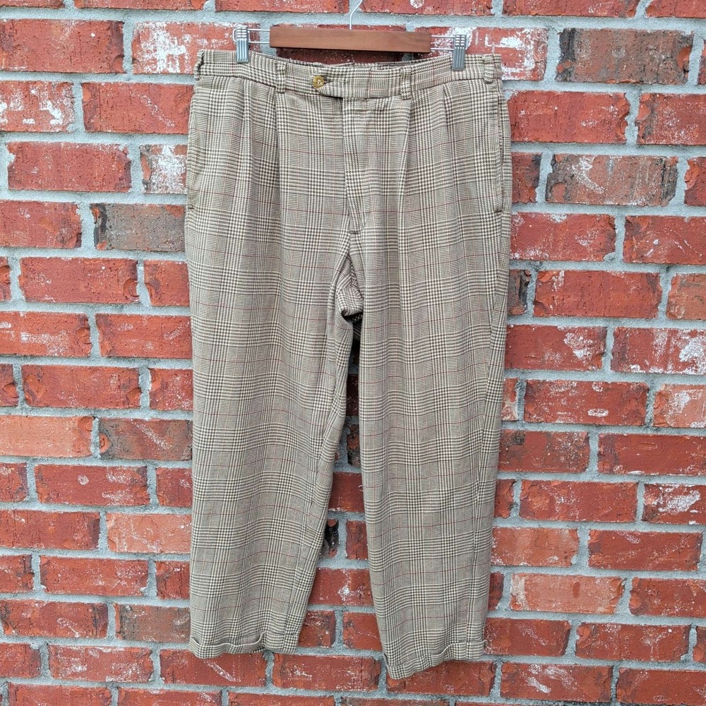 Bills Khakis Pleated Trousers Mens 34x27 Tan Glen Plaid Cotton Made in USA